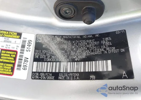 2011 Toyota Sienna Le V6 z USA, uszkodzony, nr VIN 5TDKK3DC9BS135194